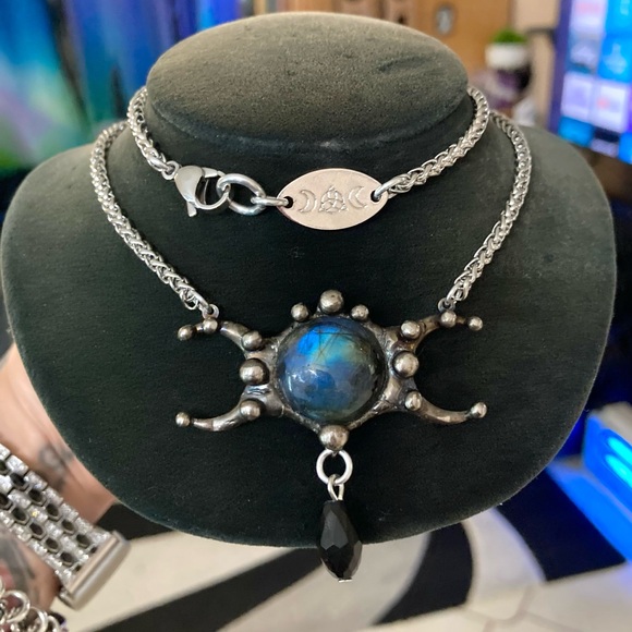 Silverskylight2 Jewelry - Natural labradorite gemstone triple moon goddess charm boho goth necklace .